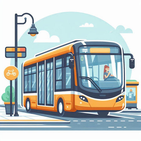 Bus on the street. Vector illustration in flat style. Isolated on white background.のイラスト素材