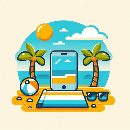 Mobile phone and palm trees on the beach. Vector illustration in flat styleのイラスト素材