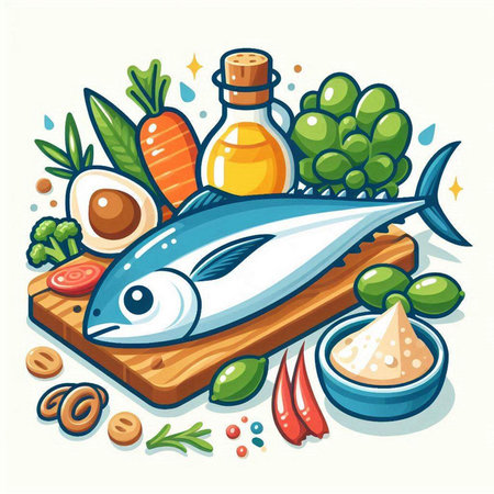 Vector illustration of fresh fish with ingredients for cooking. Healthy food concept.のイラスト素材