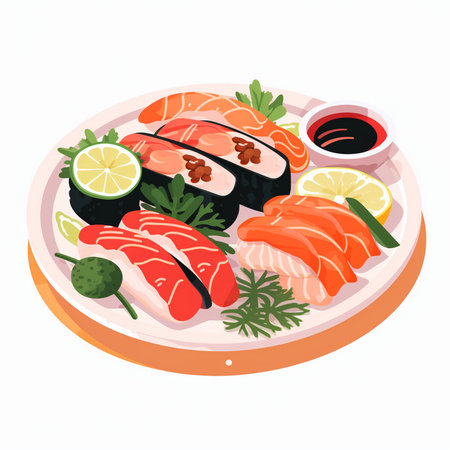 Sushi set with salmon, tuna, caviar, ginger, soy sauce, wasabi, ginger and wasabi. Vector illustration.のイラスト素材