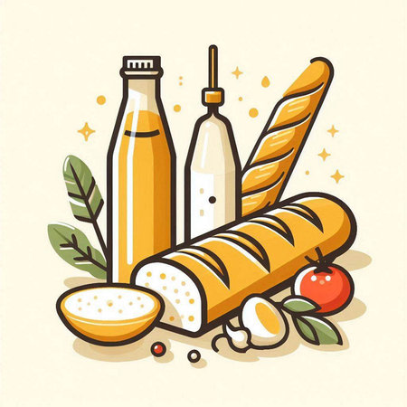 Vector illustration of a set of food and drink products. Bread, cheese, olive oil, tomato, onion, pepper.のイラスト素材