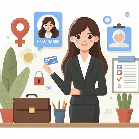 Vector illustration of a businesswoman holding a credit card in front of her officeのイラスト素材