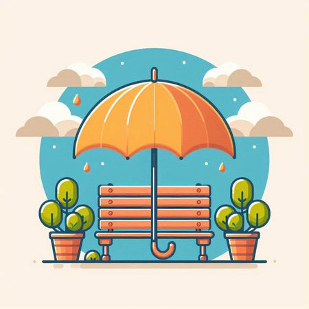 Vector illustration of a park bench under an umbrella in the rain.のイラスト素材