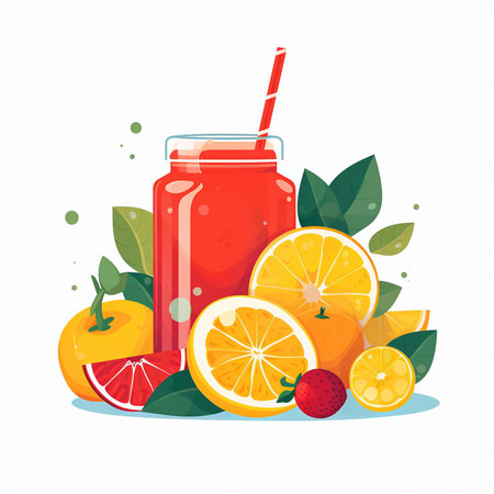 Juice in a glass with a straw, orange, lemon, grapefruit. Vector illustration.のイラスト素材