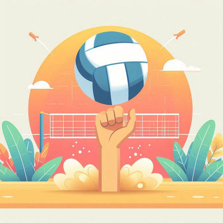 Volleyball player hand holding a ball on the beach. Vector illustration.のイラスト素材