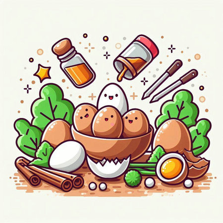 Illustration of chicken eggs in a basket with ingredients for cooking, vector illustrationのイラスト素材