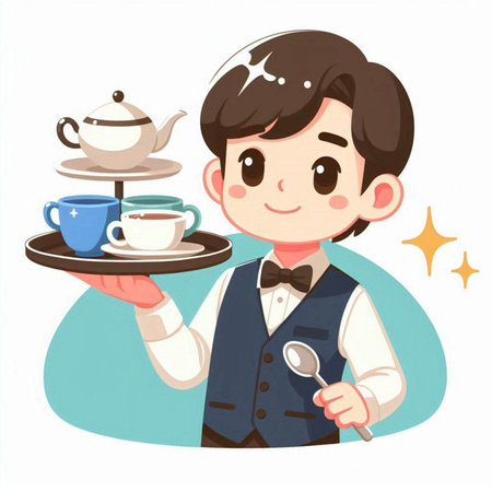 Waiter with cup of coffee and teapot. Vector illustration.のイラスト素材