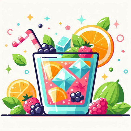 Fruit and berry cocktail with ice cubes. Vector illustration.のイラスト素材