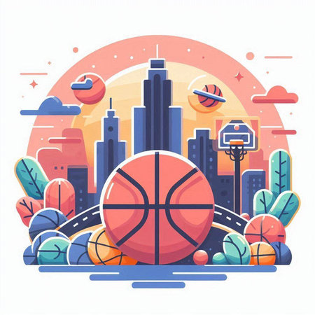 Basketball ball on the background of the city. Vector illustration.のイラスト素材