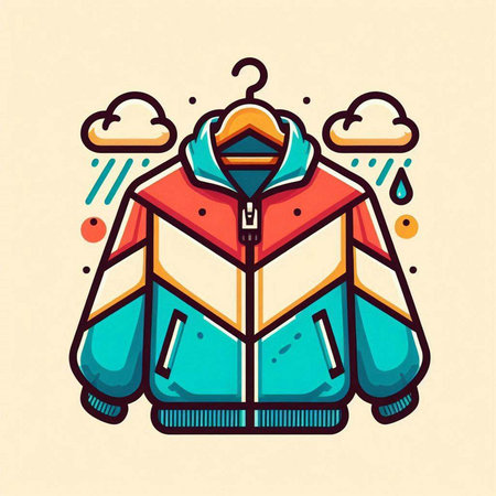 Vector illustration of winter jacket with hood and rain drops. Winter clothing icon.のイラスト素材