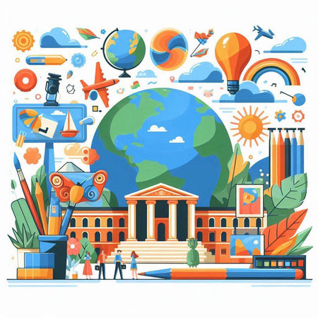 Back to school concept. Vector illustration in flat style with school elements.のイラスト素材