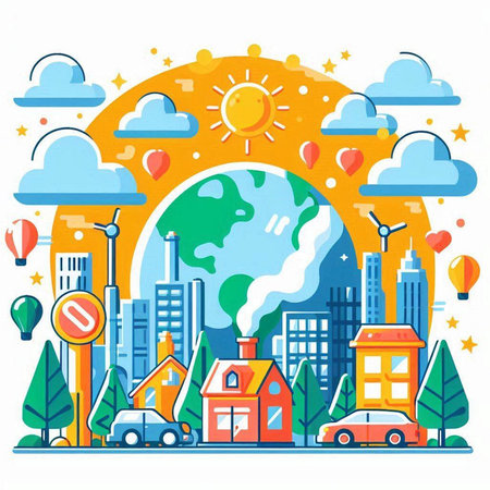 Vector illustration of the city with buildings, cars, trees and a globeのイラスト素材