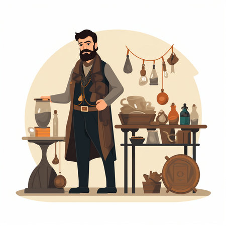 Medieval man with a beard in a medieval costume. Vector illustrationのイラスト素材