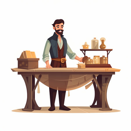 Bavarian man in traditional costume standing at the table and making coffee. Vector illustration in cartoon styleのイラスト素材