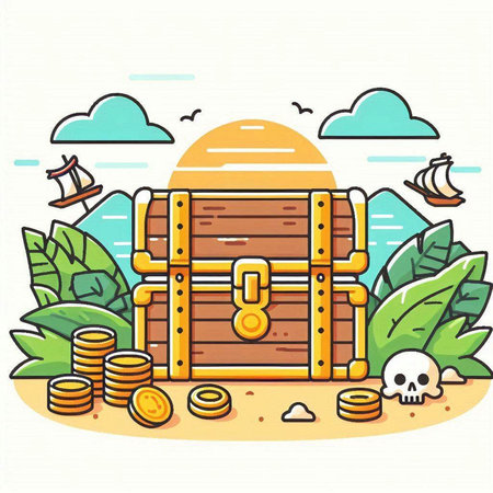 Treasure chest and gold coins on the beach. Vector illustration.のイラスト素材