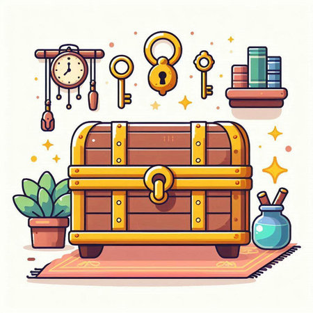 Treasure chest with a key, books and alarm clock. Vector illustration.のイラスト素材
