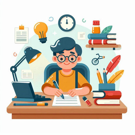 Man writing in a notebook. Vector illustration in a flat style.のイラスト素材