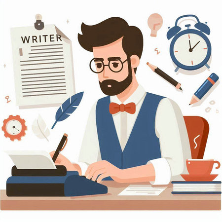 Businessman writing in a notebook at his workplace. Vector illustration.のイラスト素材