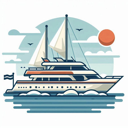 Yacht on the sea. Vector illustration in a flat style.のイラスト素材