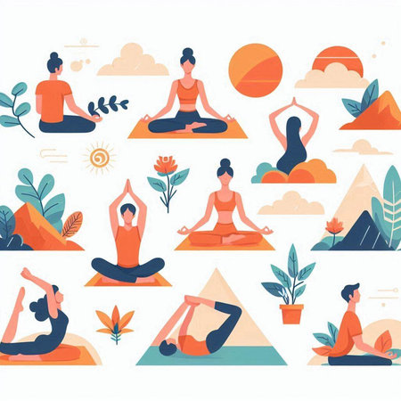 Yoga and meditation flat color vector icons set. Man and woman meditating in lotus pose isolated cartoon illustrations collectionのイラスト素材