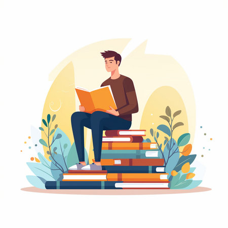 Young man sitting on a pile of books and reading a book. Flat vector illustration.のイラスト素材