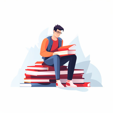 Student sitting on a pile of books. Flat style vector illustration.のイラスト素材