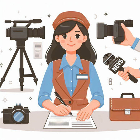 Journalist with camera and document. Vector illustration in cartoon style.のイラスト素材