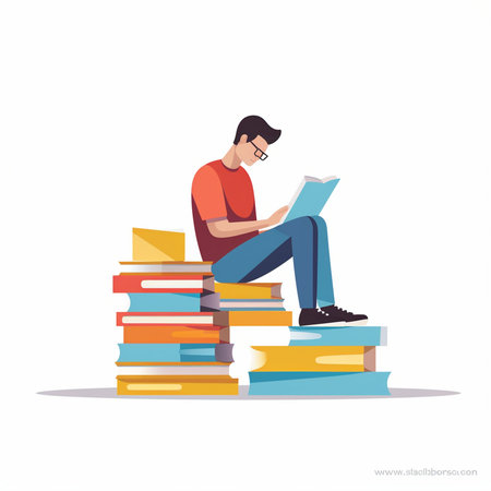 Young man sitting on a pile of books and reading a book. Vector illustration.のイラスト素材