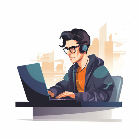 Young man with headphones and laptop in the city. Vector illustration.のイラスト素材