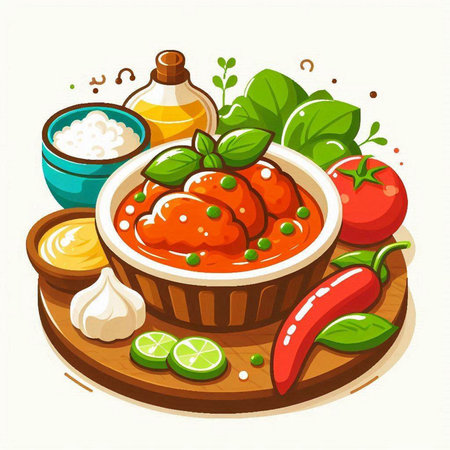 Tomato sauce in bowl with ingredients for cooking. Vector illustration.のイラスト素材