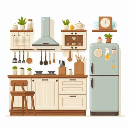 Kitchen furniture and utensils. Vector illustration in cartoon style.のイラスト素材