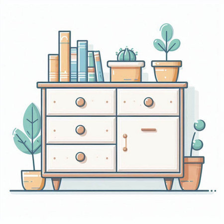 Cabinet with books and plants. Flat style vector illustration.のイラスト素材