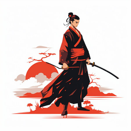 Japanese samurai in kimono with a sword. Vector illustration.のイラスト素材