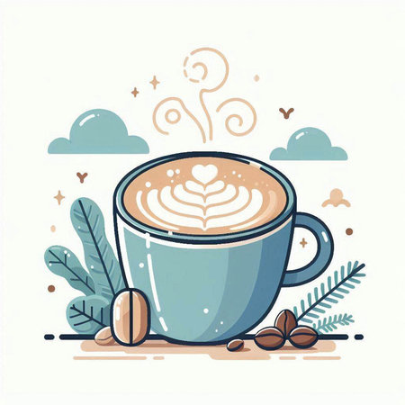 Cup of coffee with latte art, hand drawn vector illustrationのイラスト素材