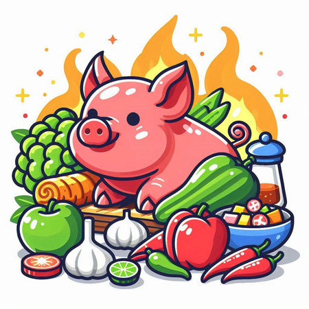 Pig with vegetables and fruits on a white background. Vector illustration.のイラスト素材