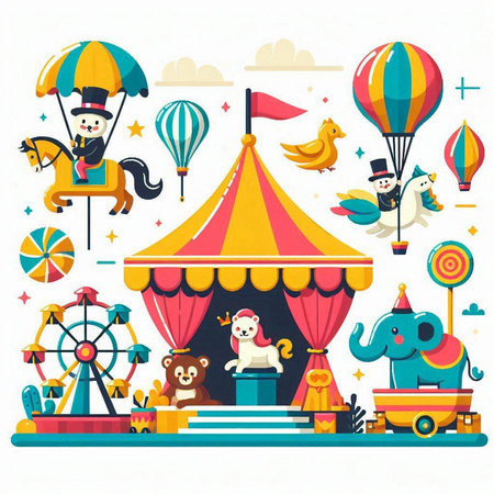 Circus flat vector illustration. Cute cartoon animals and rides.のイラスト素材