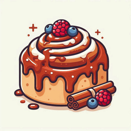 Cinnamon roll with berries and cinnamon sticks. Vector illustration in cartoon style.のイラスト素材