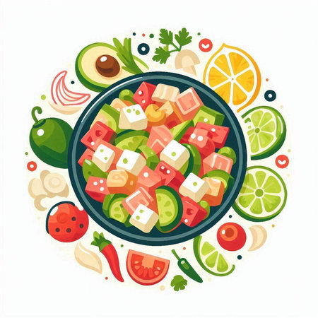 Greek salad with feta cheese, cucumber, tomato, onion, pepper and lemon. Healthy food. Vector illustrationのイラスト素材
