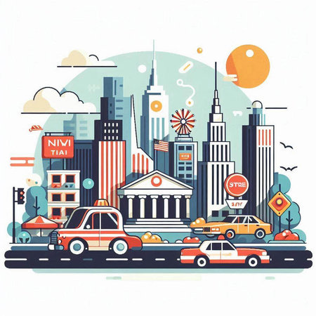 Vector illustration of the New York City street with cars and cityscapeのイラスト素材