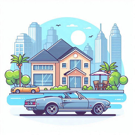 Retro car on the background of the city. Vector illustration.のイラスト素材