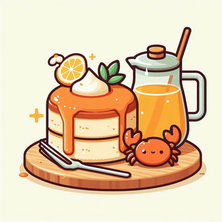 Piece of cheesecake with lemon, orange juice and crab. Vector illustrationのイラスト素材