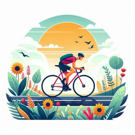 Cyclist in the park with flowers. Flat vector illustration.のイラスト素材