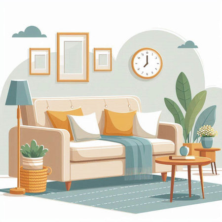 Living room interior design with sofa, coffee table and plants. Vector illustration.のイラスト素材
