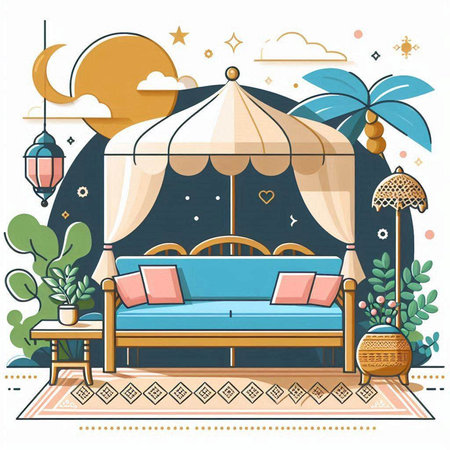 Vector illustration of a cozy summer terrace with a sofa and a canopy.のイラスト素材