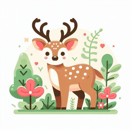 Cute deer with flowers in the forest. Vector illustration in flat style.のイラスト素材