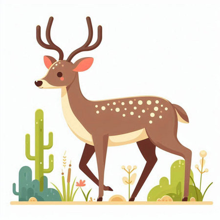 Cute cartoon deer on a background of cacti. Vector illustrationのイラスト素材