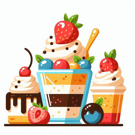 Ice cream vector illustration in flat style. Dessert with chocolate, strawberry, cherry, vanilla, whipped cream.のイラスト素材