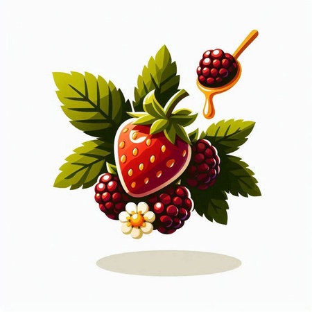 Strawberry with leaves and honey on white background. Vector illustration.のイラスト素材