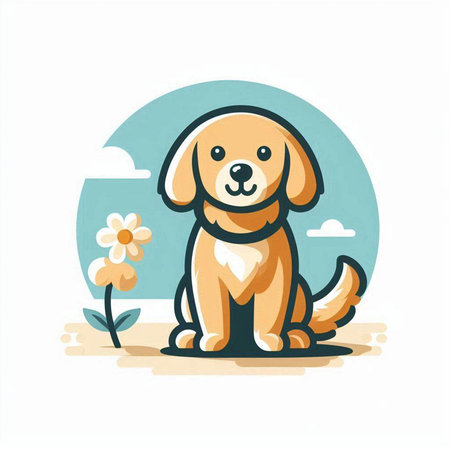 Cute cartoon dog with flowers. Vector illustration in flat style.のイラスト素材