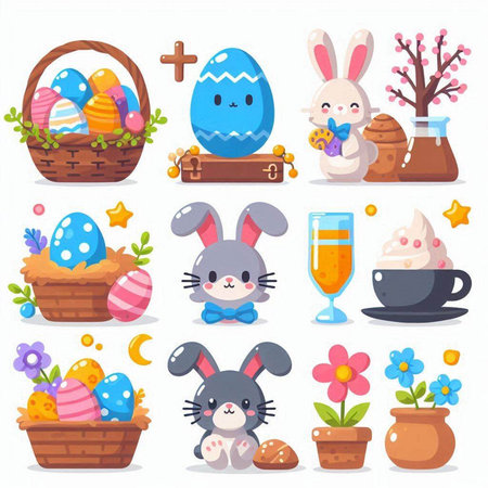 Easter holiday set with cute bunny, eggs, cup of tea and flowers. Vector illustrationのイラスト素材